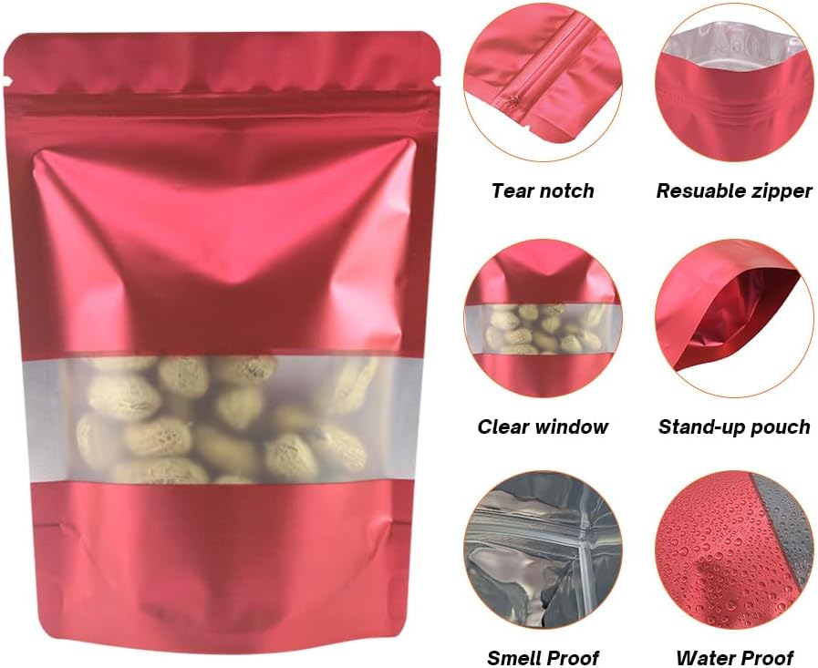 4CP 100 Pcs Red Zipper Smell Proof Bags with Window, 7.0x10.5 Inch Stand Up Foil Pouches for Food Selfsealing Storage, Reusable Bag for Packaging Small Business, Cookies, Nunt, Candy