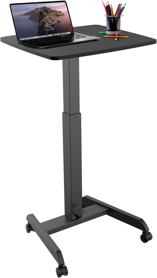 Mount-It! Rolling Laptop Desk Adjustable Height (29.6”-44.2”), Mobile Workstation Cart with 23.6” x 20.5” Desktop, Small Sit-Stand Desk for Home, Office, or Classroom in Black