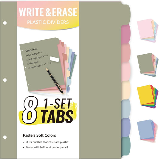 Sooez 8 Tabs Long-Lasting Plastic Write & Erase Large Tabs Dividers for 3 Ring Binder, Aesthetic Cute Pastels Binder Dividers for Student, Teacher, Office, Home Organizers, 1 Set, Dusty Color