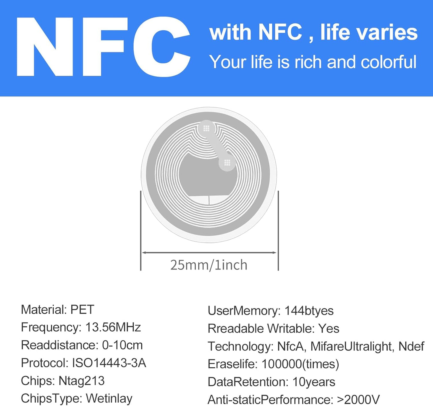 500 PCS Round NFC Tags Stickers - NTAG213 Chip, Blank, Adhesive Labels, RFID Tags, Rewritable, 137 Bytes Memory, Compatible with All NFC-Enabled Smartphones and Devices
