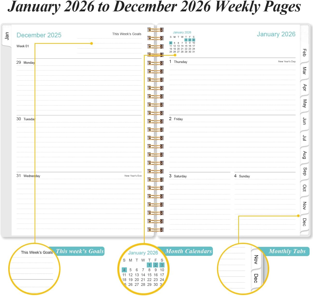 2026 Planner - A5 Weekly & Monthly Planners Spiral Bound, January 2026 - December 2026, 2026 Planner with Flexible Cover, Tabs, Inner Pocket, 6.4" x 8.5", Pink