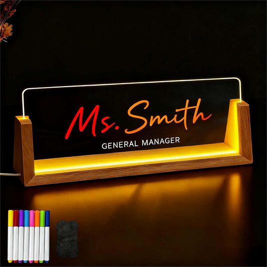 DIY Light Up Name Plate for Desk (7 Colors), Acrylic Name Plate Desk Decorations with 8 Markers