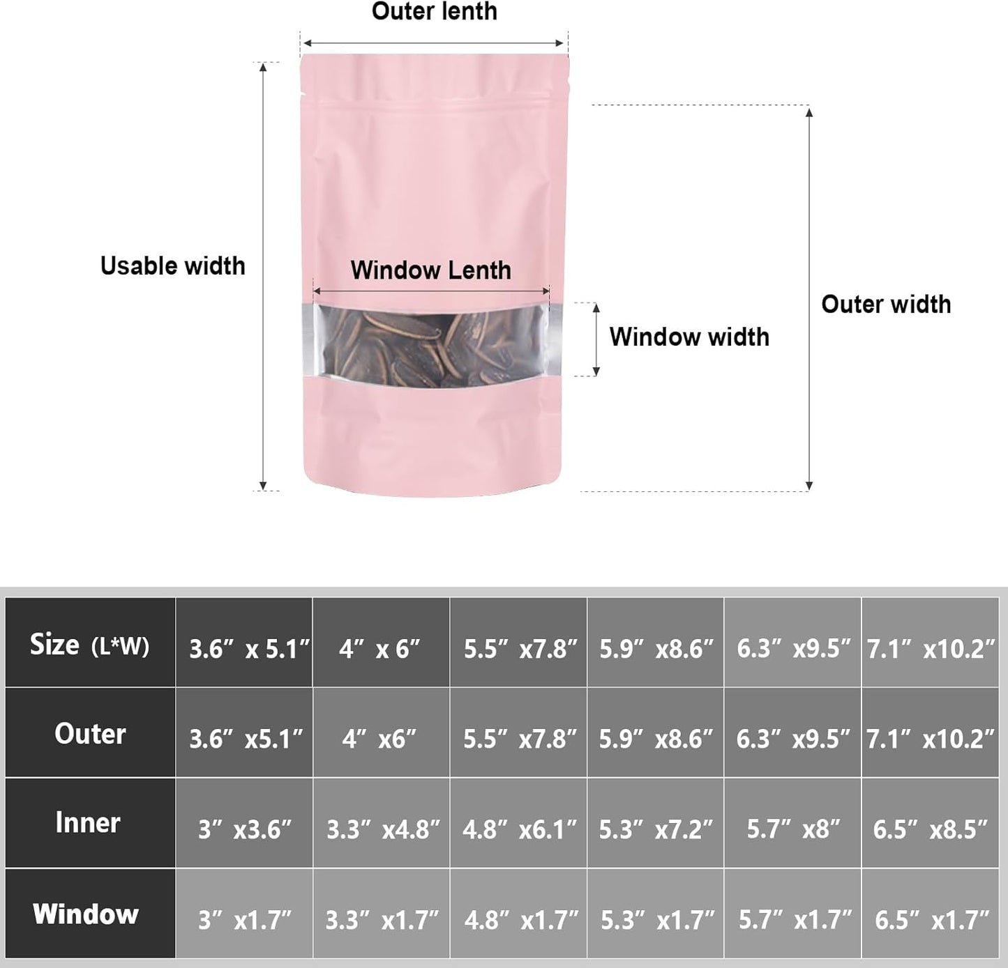 3.5"x5" 120pcs Mylar Bags for Food Storage,Smell Proof Bag with Matte Window Resealable Food Storage Bags for Small Business, Stand-up Foil Pouch Packaging Freeze Dried Candy Bag(Pink)