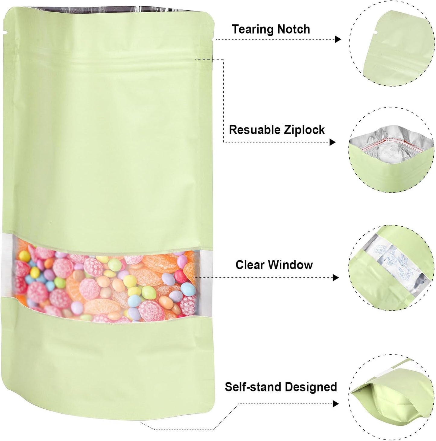 5.5"x7.8" 120pcs Mylar Bags for Food Storage,Smell Proof Bag with Matte Window Resealable Food Storage Bags for Small Business, Stand-up Foil Pouch Packaging Freeze Dried Candy Bag(Beige)