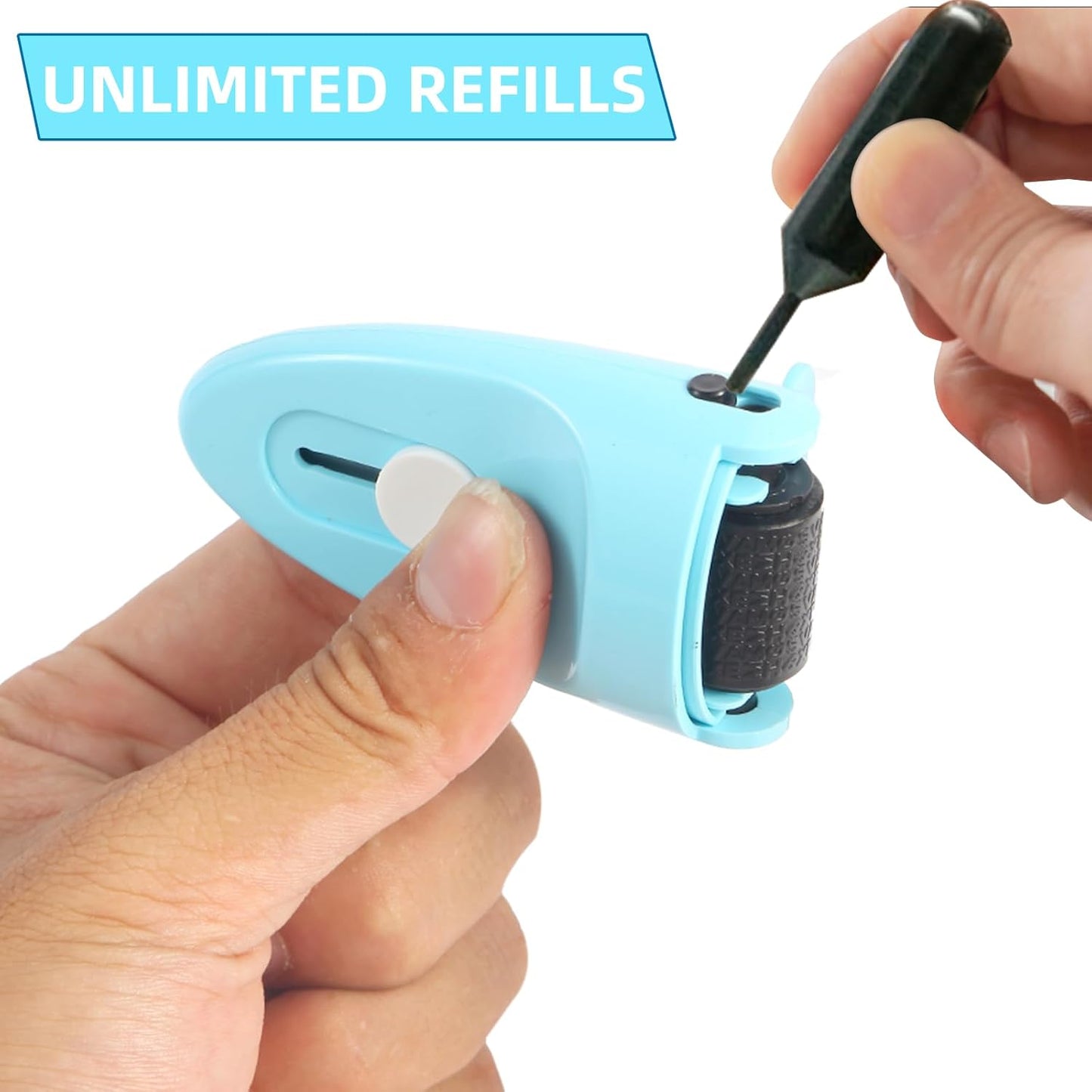 Identity Privacy Protection Roller Security Stamp 2Packs - Guard Your ID with Refillable Ink, Built-in Cutter & Flip Cover Design, Compact Privacy Safety Tool for Document, Mail, etc. (Blue)