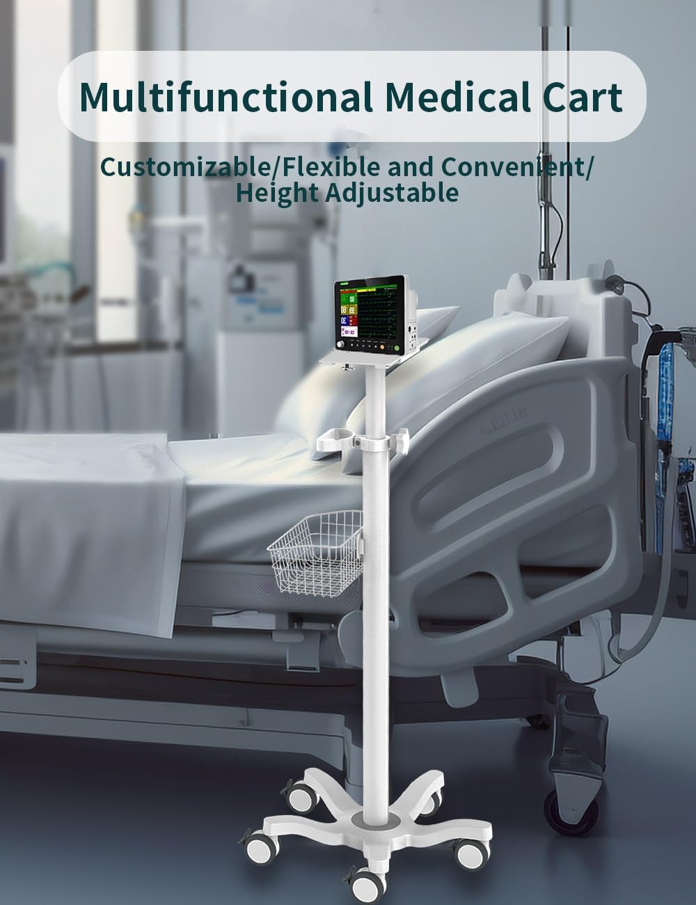 Mount Plus X3 Height Adjustable Aluminium Rolling Stand for Patient Monitor Medical Trolley Cart with Basket and and Locking Casters for Dental Office, Hospital, Clinic