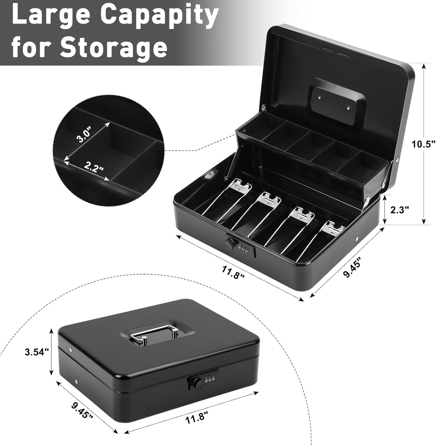 KYODOLED Large Cash Box with Combination Lock,Money Box with Cash Tray, Lock Safe Box with Key,Money Saving Organizer,11.81Lx 9.45Wx 3.54H Inches,Black XL Large