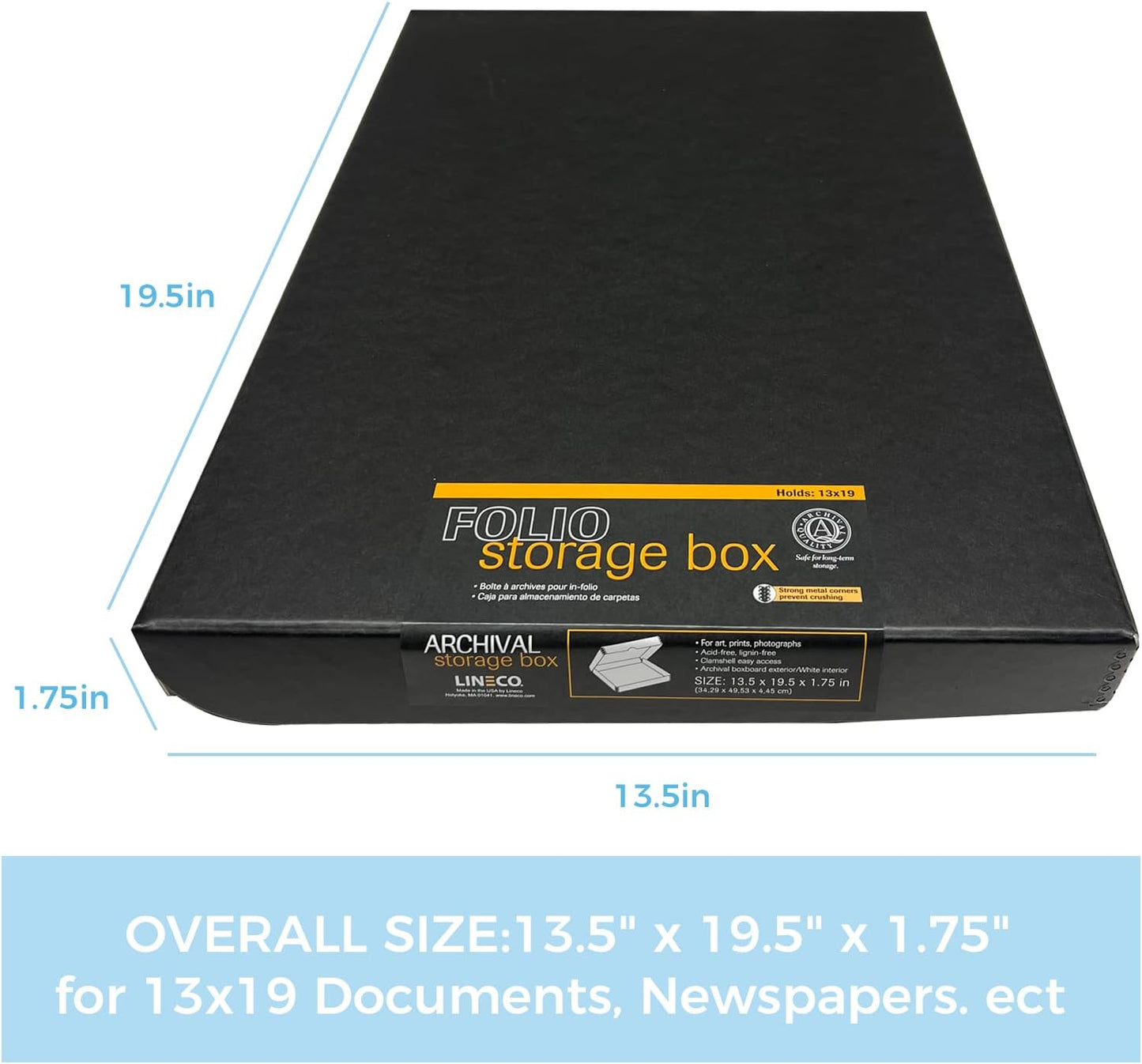 Lineco Folio Storage Box, Clamshell Design with Metal Edge. 13.5x19.5x1.75 Inches, Archival Boxboard, Preserve Photos, Cards, Magazines, Documents, Art, Ephemera, Family Records, Black, Pack of 1