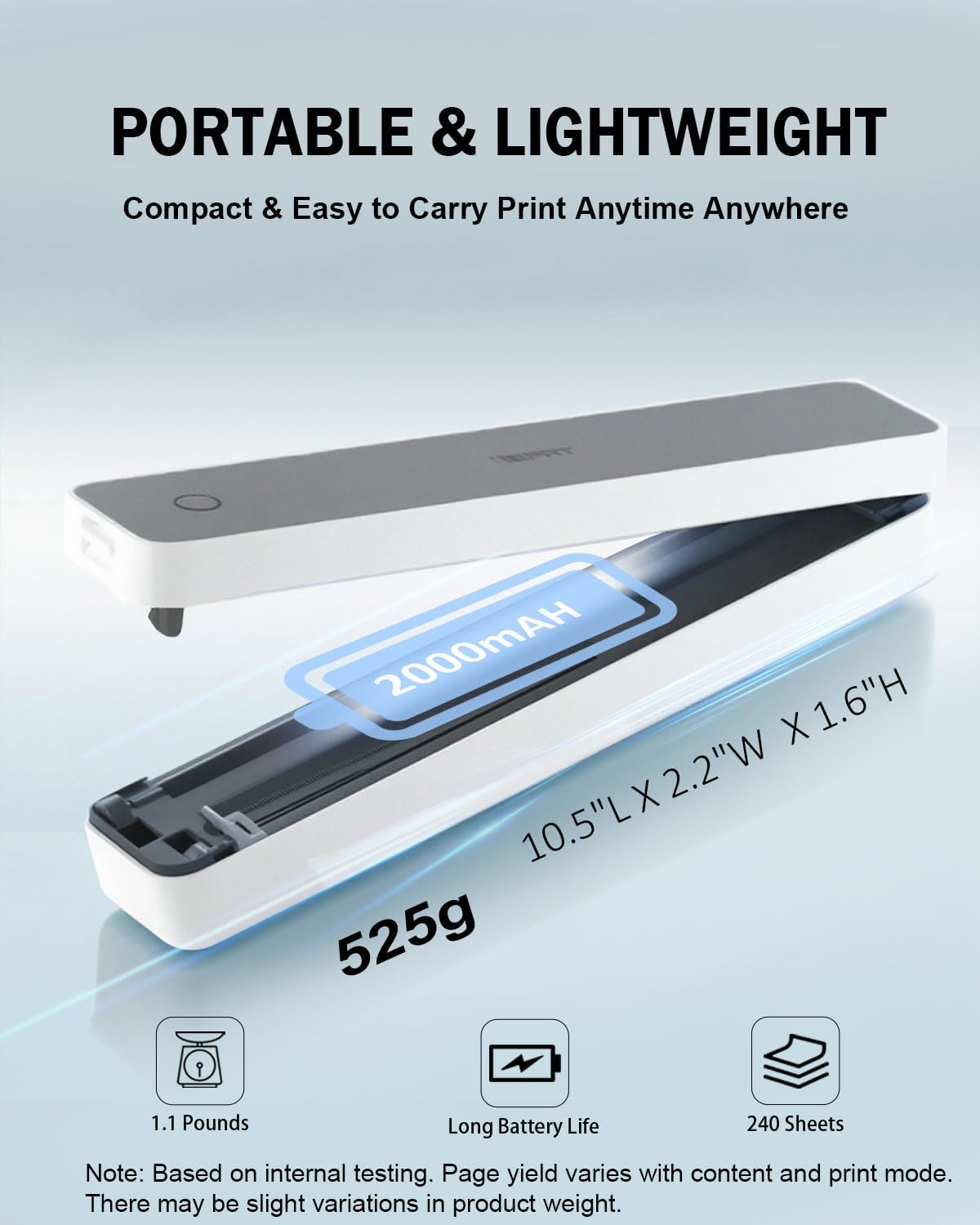 iDPRT Inkless Portable Printer for Travel, 300DPI Wireless Thermal Printer Support 8.5" x 11" US Letter, A4, Small Bluetooth Printers Compatible with iOS, Android Laptop for Home Office Car, Grey