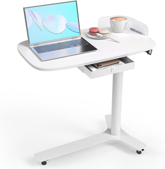Rolling Desk Adjustable Height with Drawer and Wheels, Portable Small Standing Desk Pneumatic for Home Office, Mobile Computer Laptop Cart, Medical Sofa Overbed Table, White