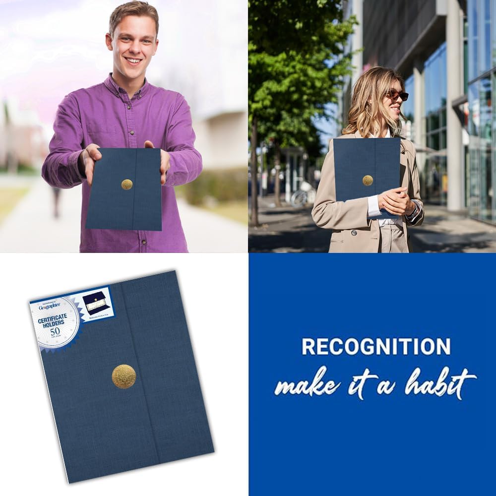 Certificate Holders - Tri-Fold Navy Linen 9.25x12.5 Inches - Embossed Die-Cut 80 lb Cover Stock - Silver Medallion Foil Stamp - Ideal for Awards - 218 GSM Document Holder