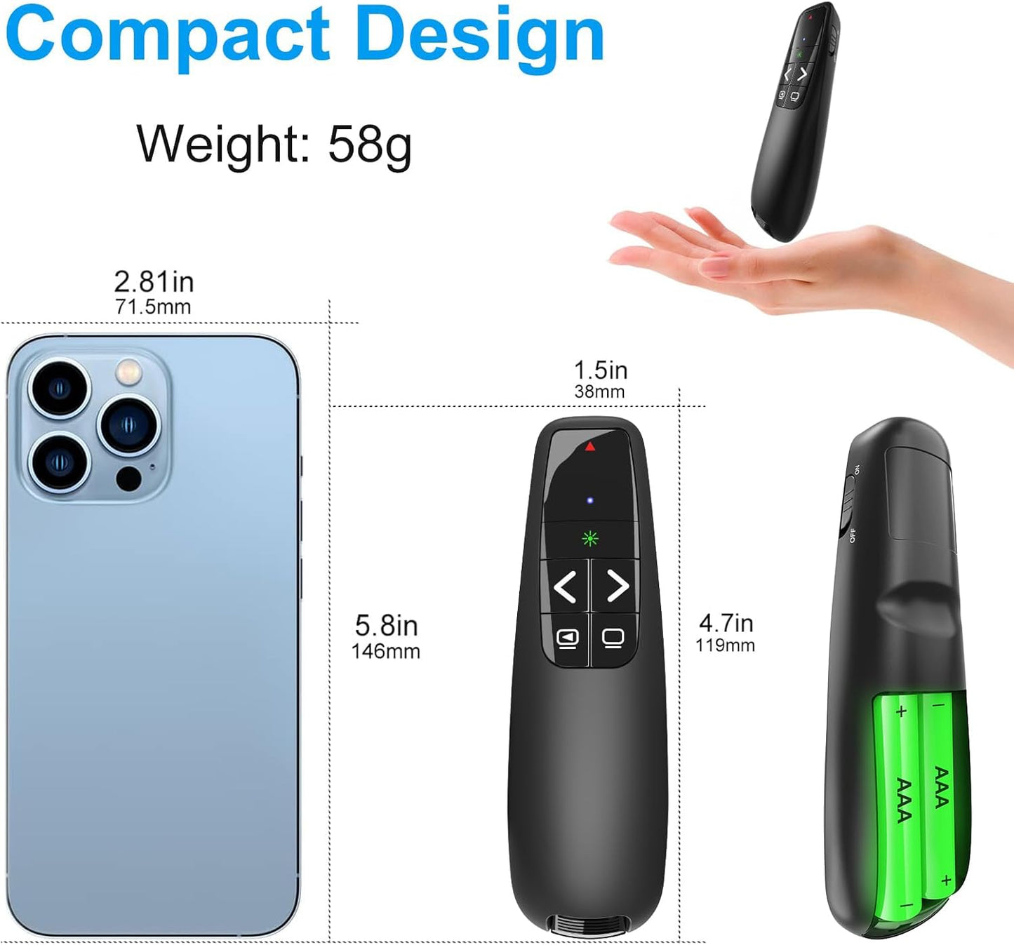 Presentation Clicker for PowerPoint, Wireless Presenter Remote Green Laser Pointer Computer Clickers, USB A Project Power Point PPT Clicker for Mac Laptop Office, Slideshow Google Slide Advancer