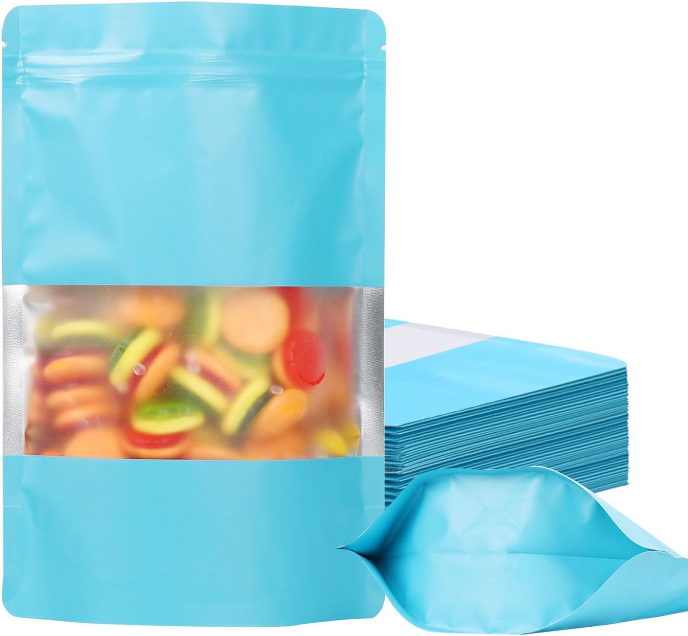 100 Pack Smell Proof Bags, Resealable Mylar Bags with Matte Window, Foil Pouch Stand-up Bags for Food Self Sealing Storage, Scratch Resistant Hand Storage Bags.(Blue, 4.7×7.9 Inch)
