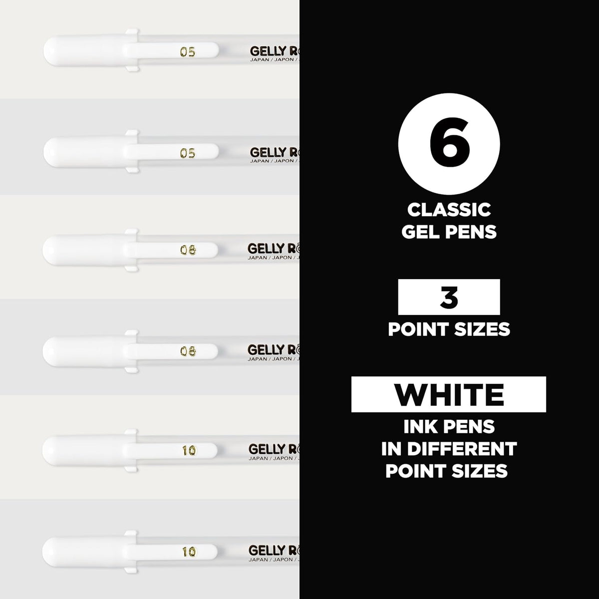 SAKURA Gelly Roll Gel Pens - Fine, Medium & Bold Tip Ink Pens for Journaling, Art, or Drawing - Classic White Ink - 05/08/10 Assorted Tip Sizes - 6 Pack