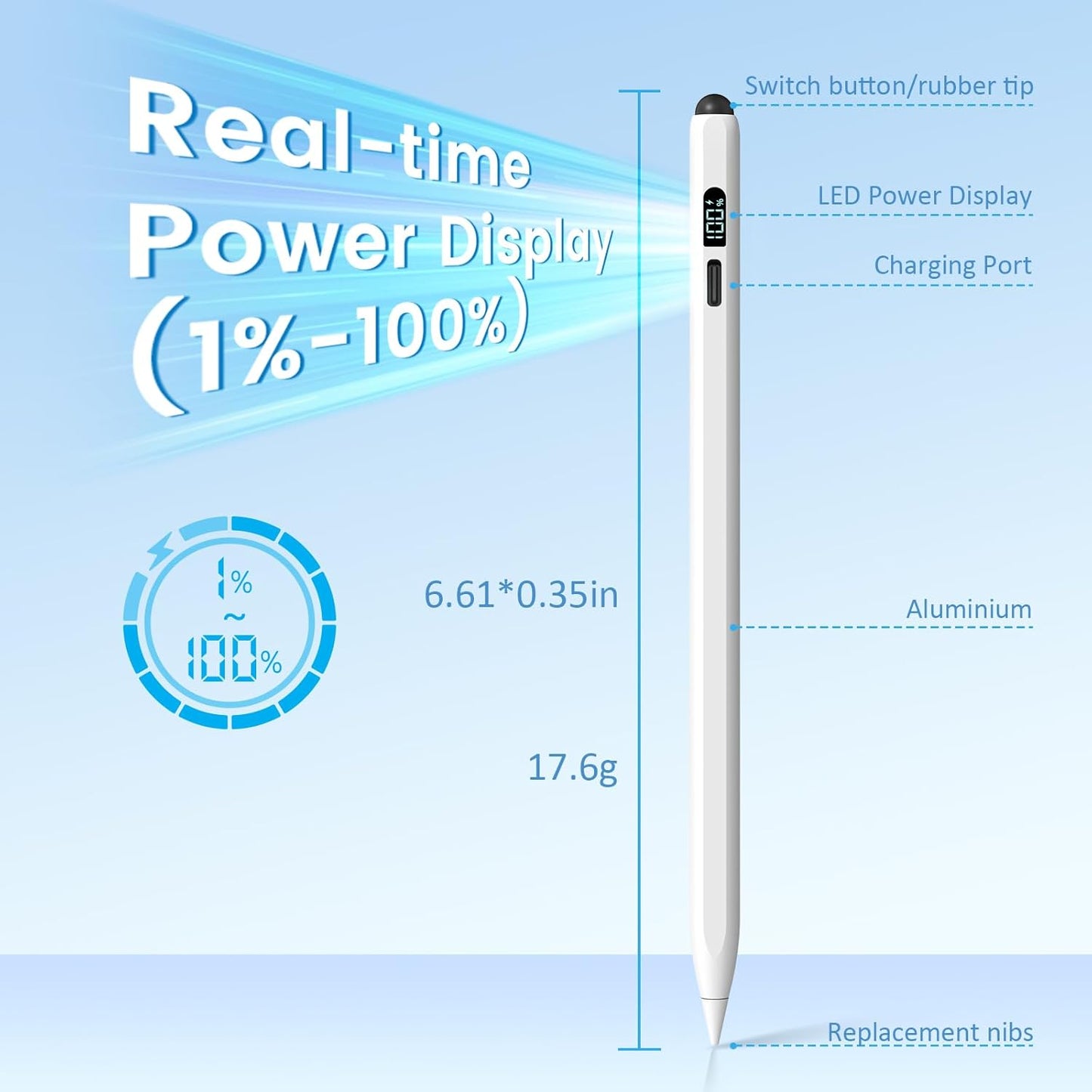 Digiroot iPad Apple Pencil 2025-2018, LED Power Display Dual-Tip Stylus Pen with 3X Fast Charge, Compatible for iPad A16 11/10/9/8/7/6, Pro 11"/12.9"/13''/M4, Air M3/M2/5/4/3, Mini 7/6/5