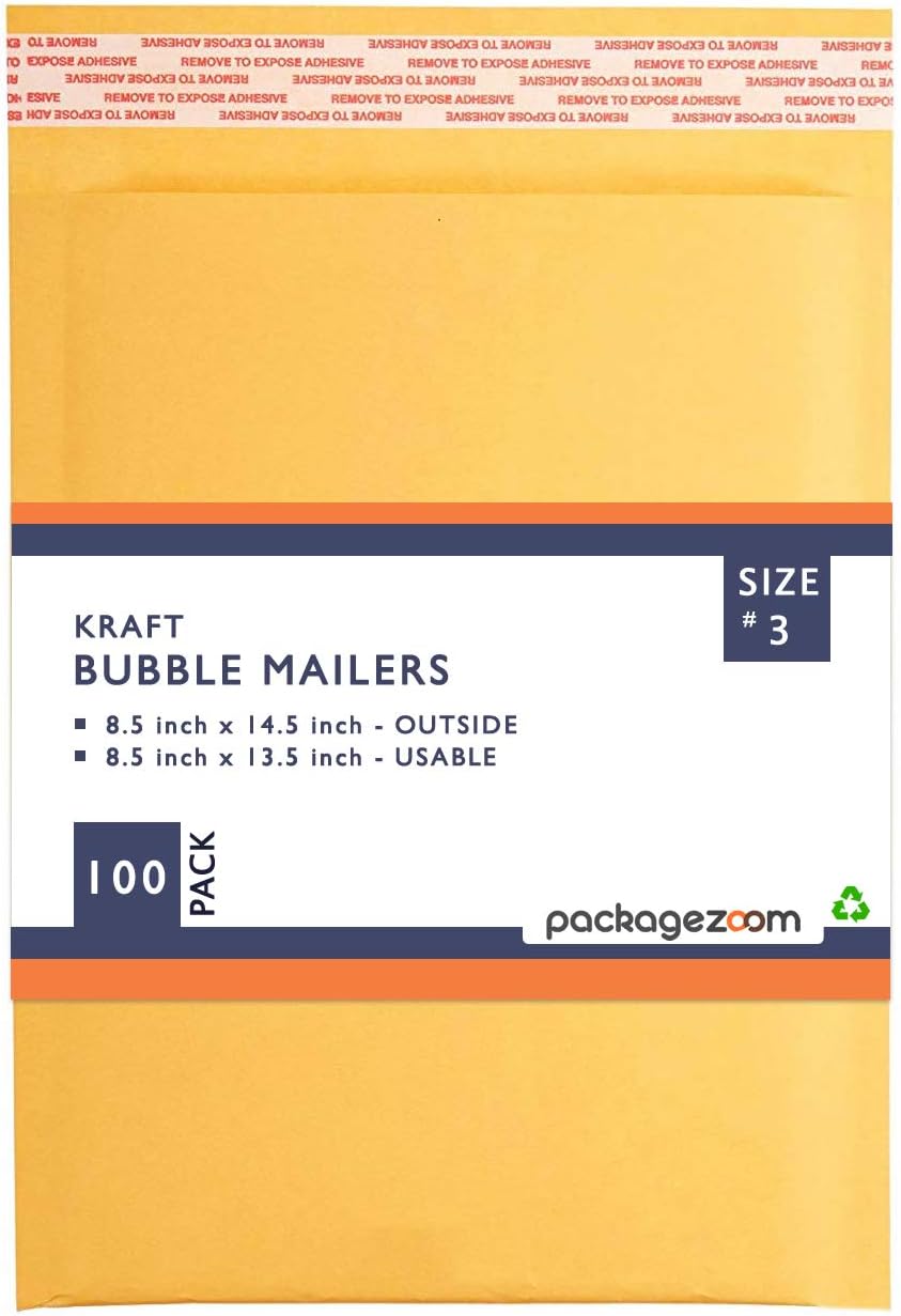PackageZoom #3 8.5 x 14.5 Padded Envelopes Kraft Bubble Mailer Shipping Envelopes 100 Pack