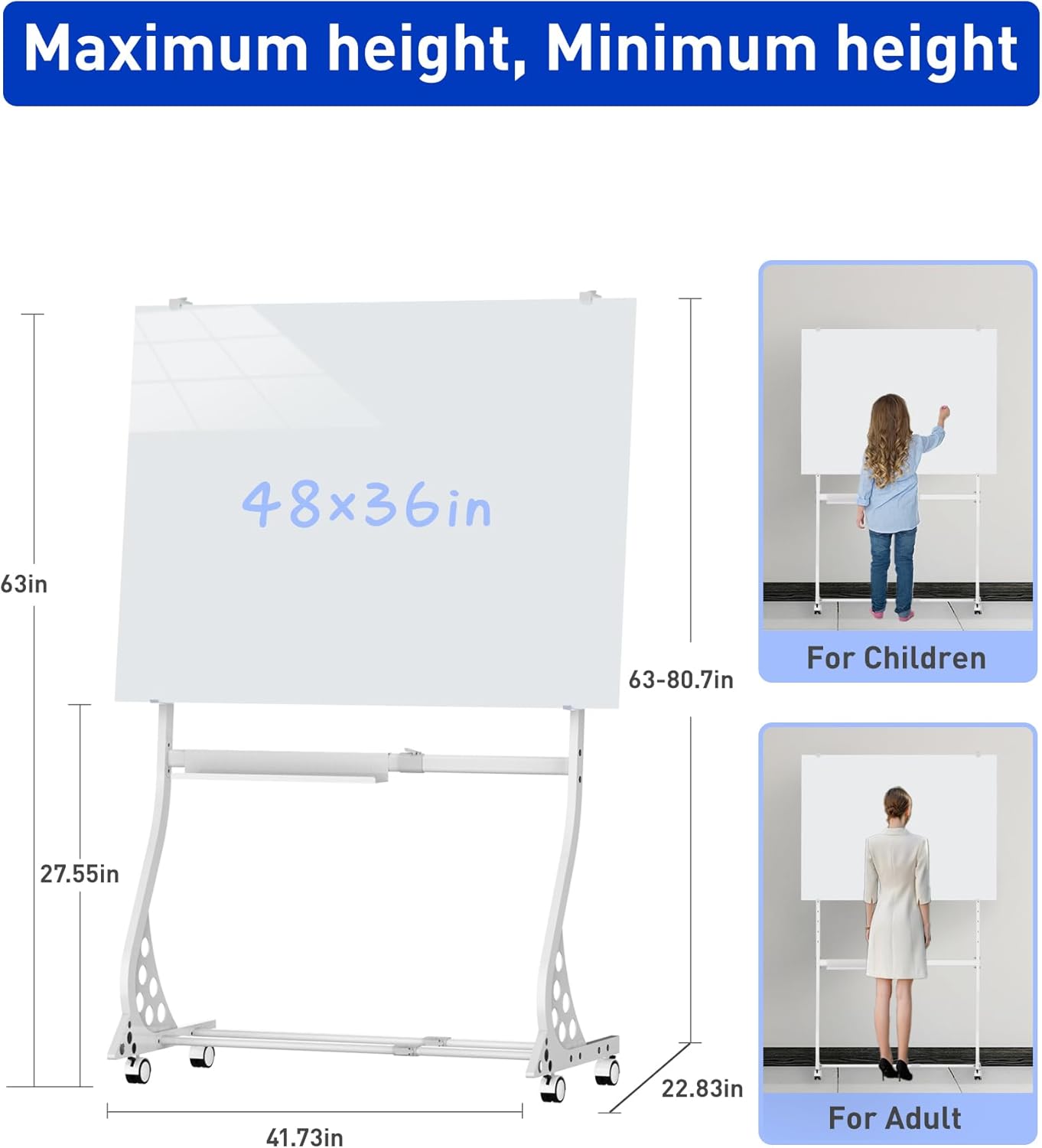 Mobile Glass Whiteboard, 48 x 36 inch Glass Board/w Height Adjustable, Large Portable Dry Erase Board with Stand and Wheels for Home, Office,Classroom &School, White