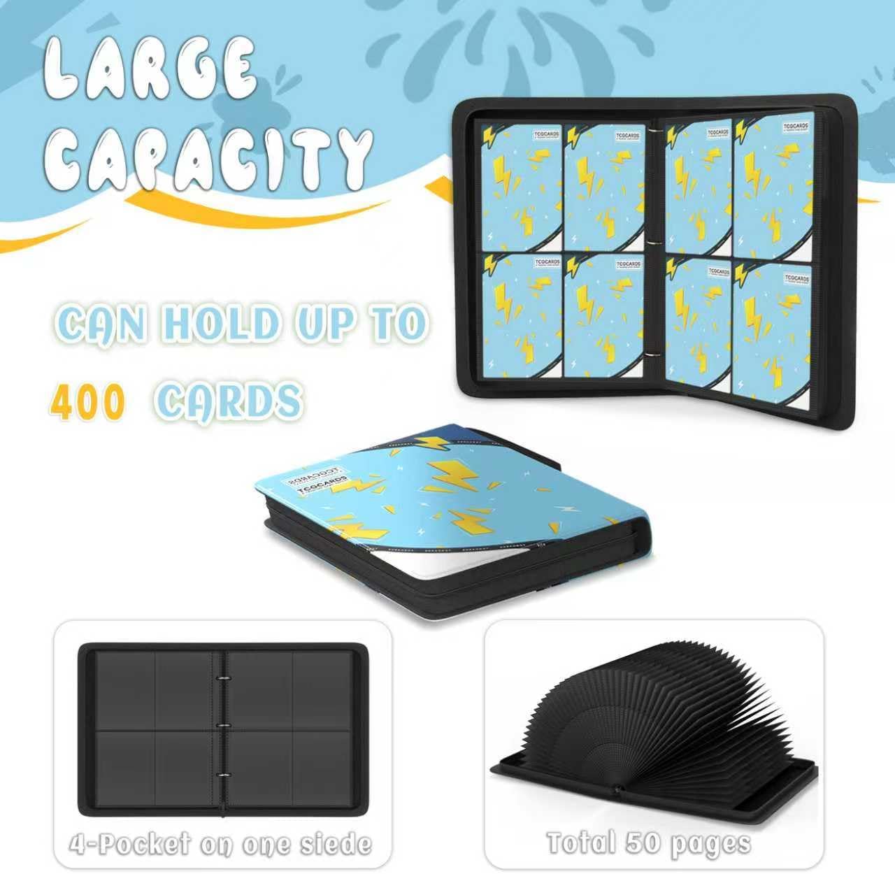 Trading Card Binder 4 Pocket，Card Binder 400 Pockets Card Book Holder Cards with 50 Removable Sleeves，3-Ring Zip Design MTG/TCG/Sport Collectible Trading Card Albums Gifts for Boys and Girls (Blue)