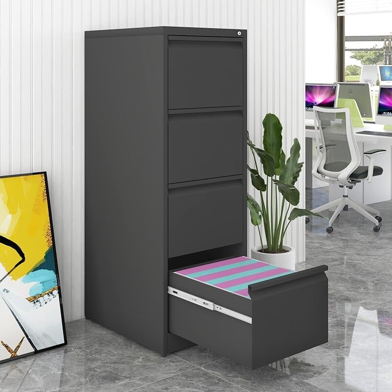 4 Drawer File Cabinet with Lock, Vertical File Cabinets for Home Office, Metal Filing Cabinets, Heavy Duty Steel Lockable Filing Storage Cabinet for Letter/Legal/A4/F4 Size Files, Black