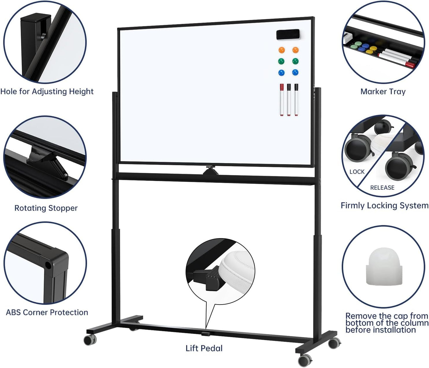 Large Dry-Erase Rolling Magnetic Whiteboard - TSJ OFFICE 48 x 32 Inches Dry Erase Board with Stand Height Adjust Double Sides Mobile White Board Easel on Wheels Office, Home & Classroom