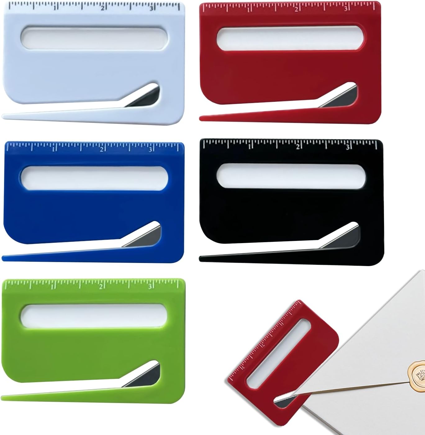 5Pcs Letter Opener Envelope Slitter,Mail Opener Tool,Envelope Opener Slitter,Envelope Opener for Office,Wrapping Paper Cutter with Hidden Blade, Package Opening Tool with Scale and Magnifying Glass