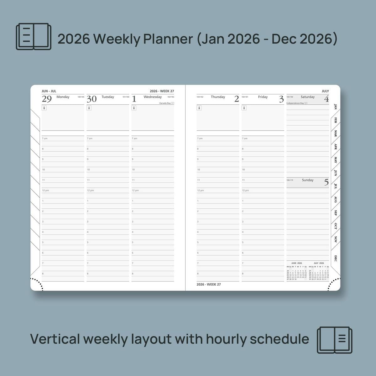 POPRUN 2026 Planner (Medium - 6.5'' x 8.5'') - 2026 Weekly Calendar ((Jan. 2026 - Dec. 2026) with Hourly Time Slots, Weekly/Monthly Appointment Book for Time Management - Leather Soft Cover - Pacific Green