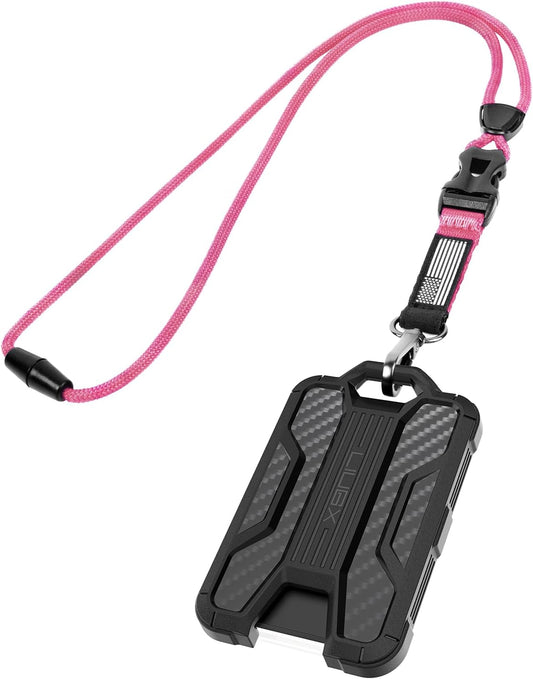 LIUGX Badge Holder with Heavy Duty Breakaway Lanyard, Carbon Fiber-Texture, Durable ID Card Holder (Holds 6 Cards) with Quick Release Detachable Buckle, Metal Clip, American Flag