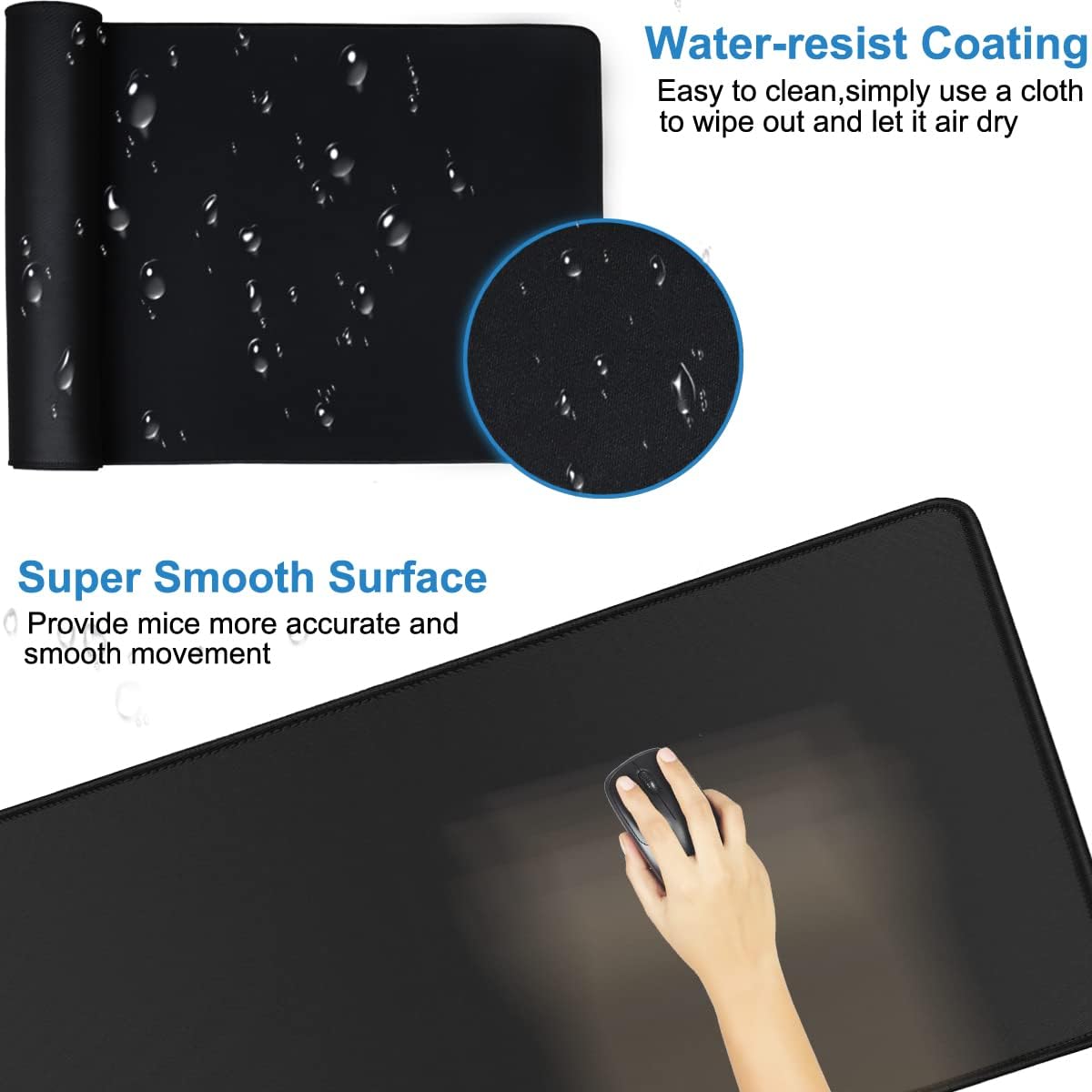 Extended Gaming Mouse Pad with Stitched Edges, 35.4x15.7x0.12 in Large Desk Mousepad Premium Microfiber Cloth Surface, Waterproof Non-Slip Stable Rubber Base Keyboard Mat for Home Office Gaming,Black