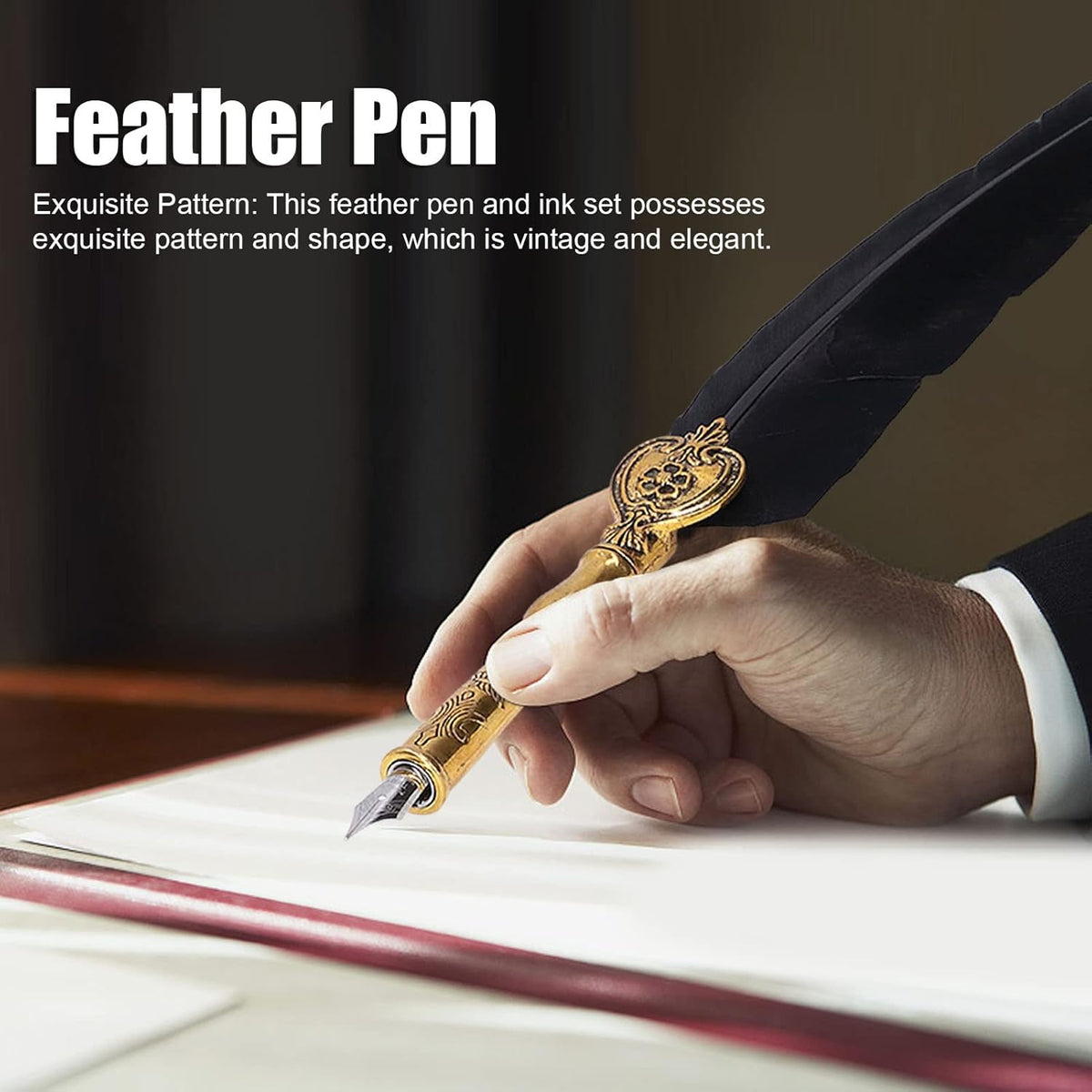 Feathe Quill Fountain Pen Ink Set, Fountain Pen Kit, Exquisite Vintage Elegant Calligraphy Inks Set with 5 Nibs 1 Base 1 Empty Bottle for Signing Writing Supplies(Without Ink) (Black)