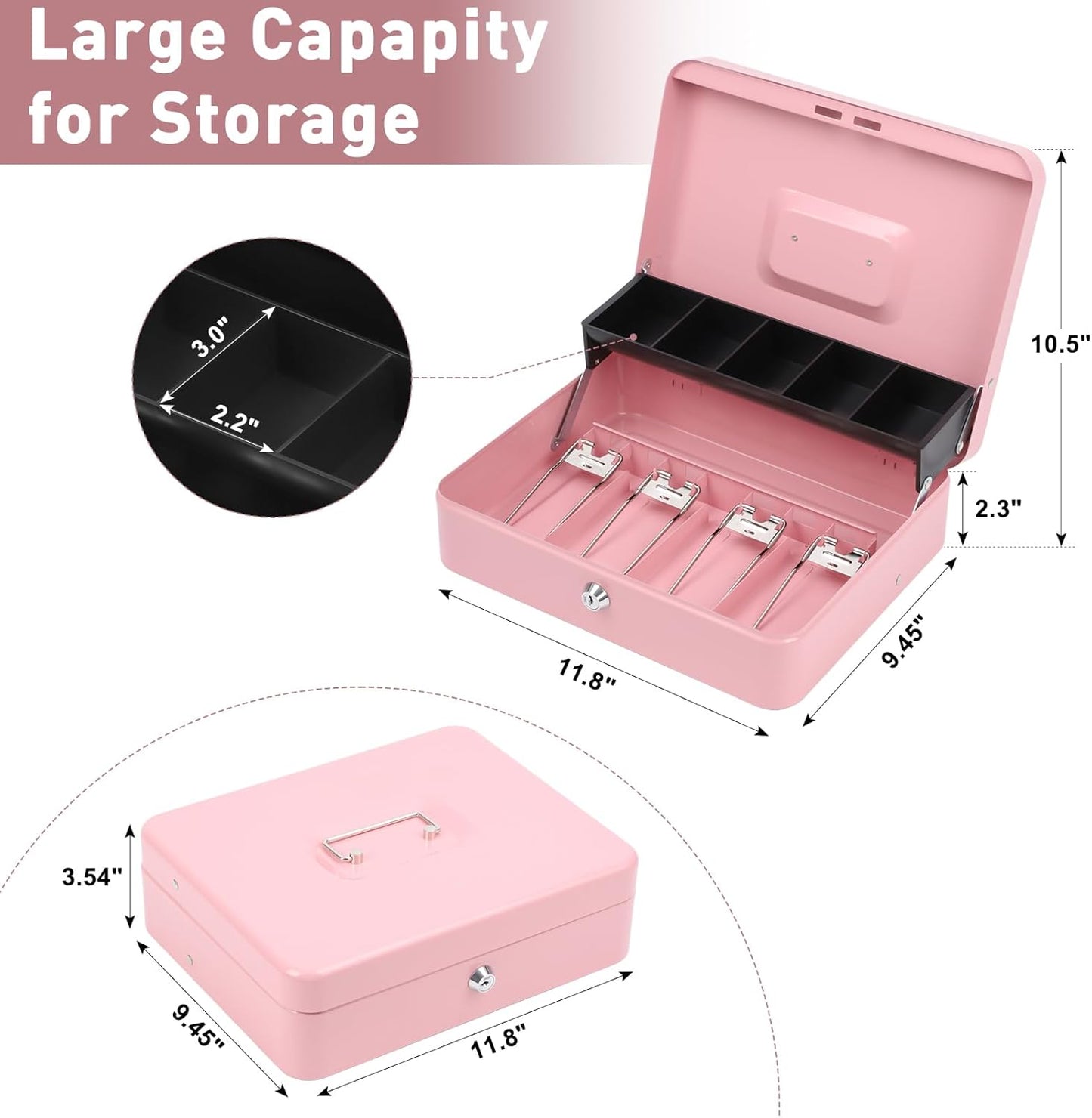 KYODOLED Locking Cash Box with Lock,Money Box with Cash Tray,Lock Safe Box with Key,Money Saving Organizer,11.81Lx 9.45Wx 3.54H Inches,Pink XL Large