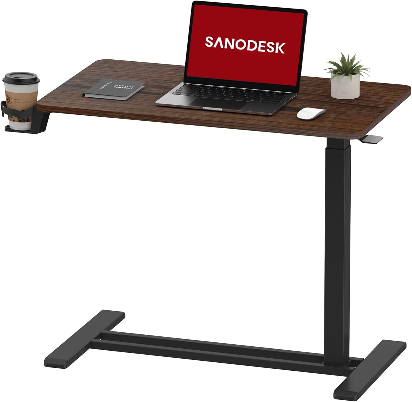 SANODESK Mobile Standing Desk with Hidden Wheels,Pneumatic Laptop Desk Rolling Computer Cart Movable Height Adjustable Small Sit Stand Desk for Home Office(31.5" W x 17.7" D,Black Walnut)