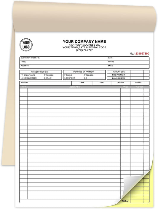Custom 8.5" x 11" Invoices Receipts Carbonless Books in 2-Part Duplicate Personalized Company Address Name Phone Number 100 Sets