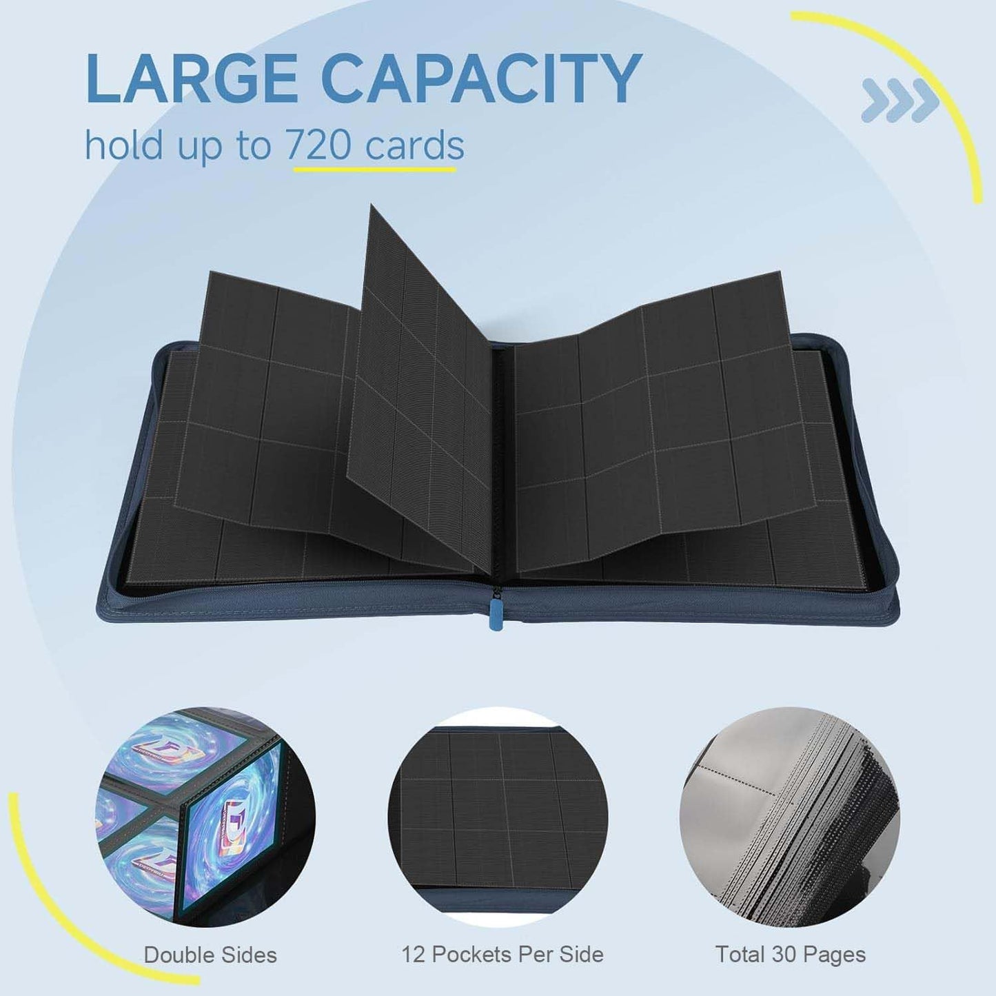 Trading Card Binder with Zip,12 Pockets Card Binder,720 Double Sided Pocket Card Collection Binder,Card Album Card Folder for MTG,TCG,Sports Cards,Game Cards,Navy Blue