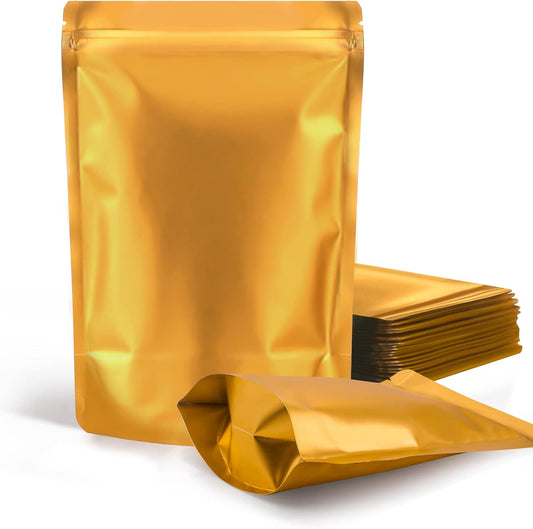 100 Pack Resealable Stand Up Bags,6.3" x 9.4" Smell Proof Pouch Sealable Foil Pouch Bags for Packaging (Gold)