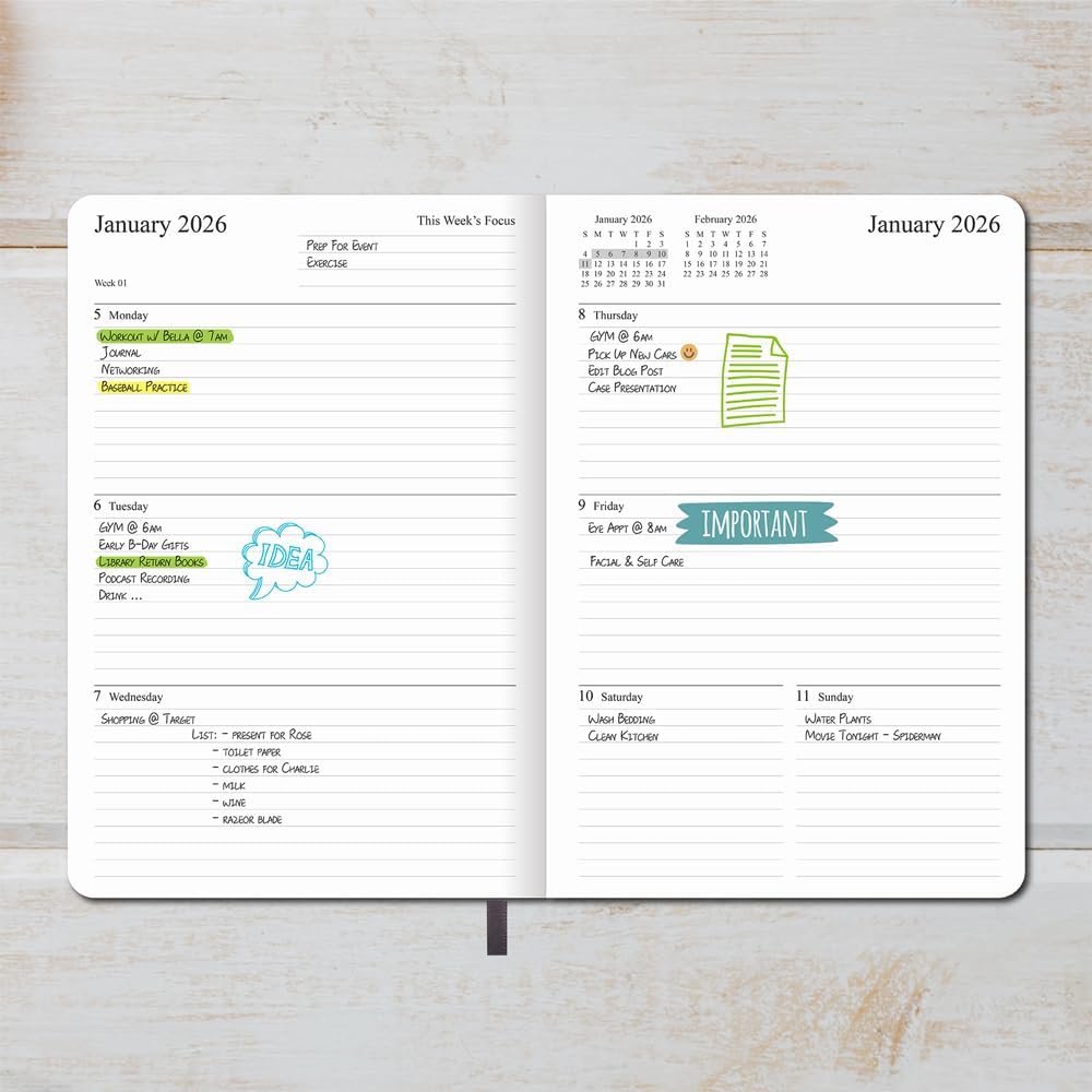 2025-2026 Planner - Weekly and Monthly Planner, Oct 2025 - Dec 2026, Holidays, Contacts and Notes Pages, Vegan Leather Cover, Elastic Closure, 5.5”x8.25”, Grey