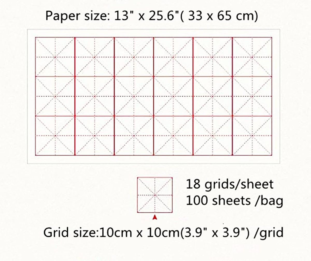 MEGREZ Chinese Calligraphy Xuan Paper Brush Writing Sumi Paper Xuan Paper Rice Paper with Grids for Students, Beginners Practice Kanji Japanese Calligraphy, 100 Sheets/Pack, 10cm/Grid