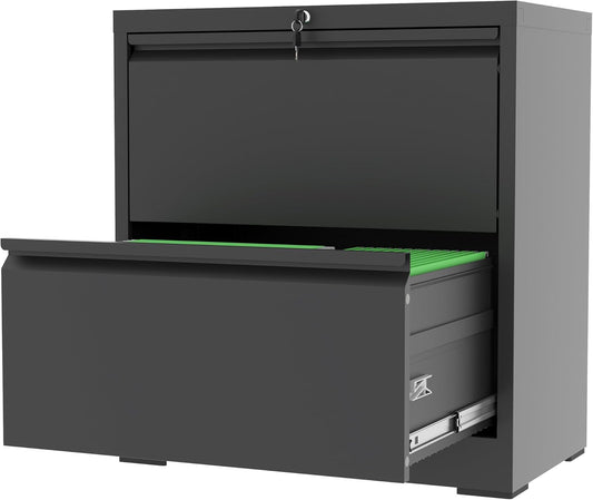 2 Drawer File Cabinet with Lock, Black Metal Lateral Filing Cabinets for Home Office, Heavy Duty Steel Horizontal Locking Storage Cabinet for Legal/Letter/A4 Size File, Assembly Require