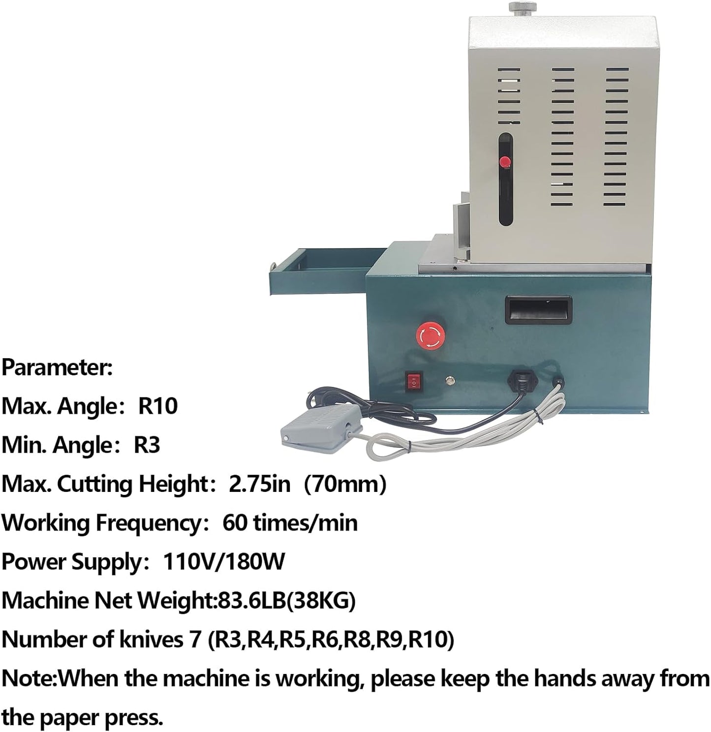 Electric Corner Round Cutting Machine with Foot Switch Electric Corner Rounder with R3 R4 R5 R6 R8 R9 R10 Seven Kinds of Knives for Name Card Notebook PVC 110V 180W
