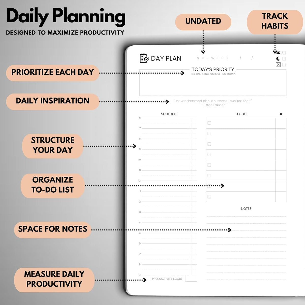 Undated Daily Planner – 3-Month A5 Productivity Organizer with Full Page Per Day, Hourly Schedule, Goal Setting, Habit Tracker, Weekly & Monthly Pages – Hardcover Time Management Notebook (Rose Gold)
