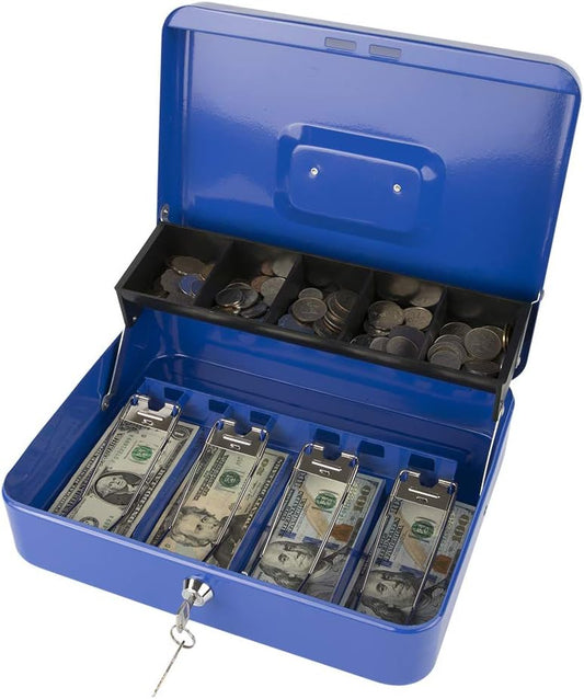 KYODOLED Locking Cash Box with Lock,Money Box with Cash Tray,Lock Safe Box with Key,Money Saving Organizer,11.81Lx 9.45Wx 3.54H Inches,Blue XL Large