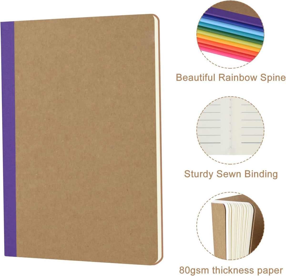 ZCZN Composition Notebooks Bulk, A5 Kraft Cover Lined Journals with Rainbow Spines for School, Business, Work and Daliy Use (24, 8 colors)