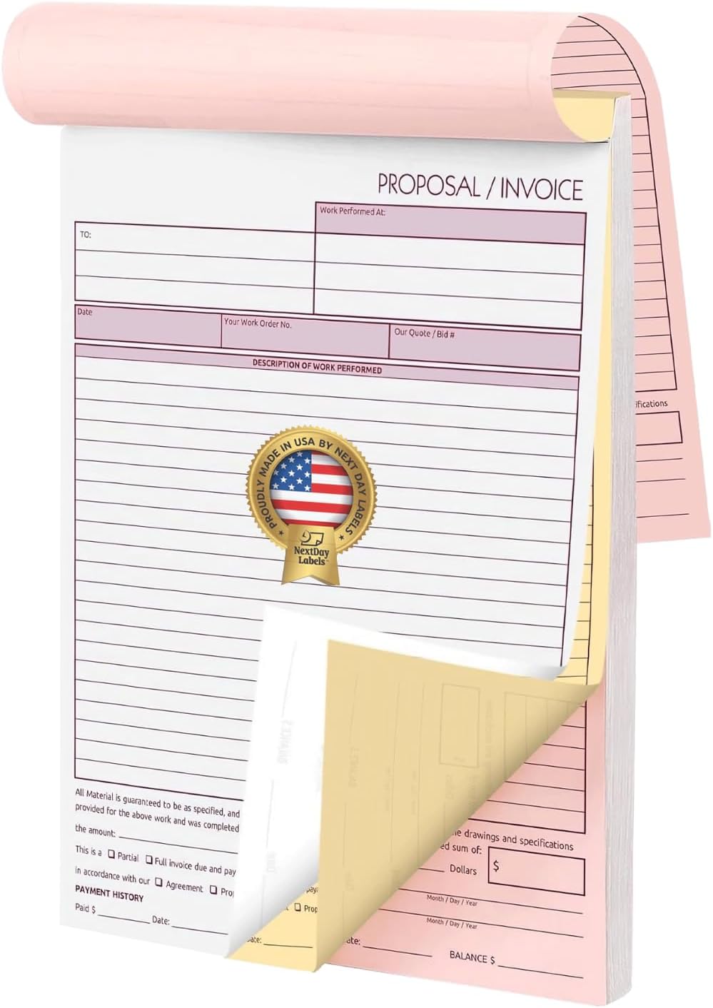 NextDayLabels - Contractor Invoice Book 8.5 x 11 3 Part Carbonless Triplicate Invoices Forms with White, Canary, and Pink Copies - Practical Proposal for Receipts, Work, Sales and Orders, 50 Sets
