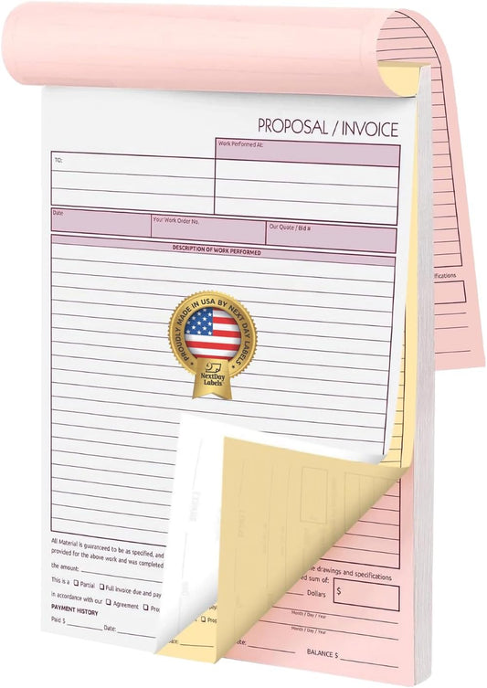 NextDayLabels - Contractor Invoice Book 8.5 x 11 3 Part Carbonless Triplicate Invoices Forms with White, Canary, and Pink Copies - Practical Proposal for Receipts, Work, Sales and Orders, 50 Sets