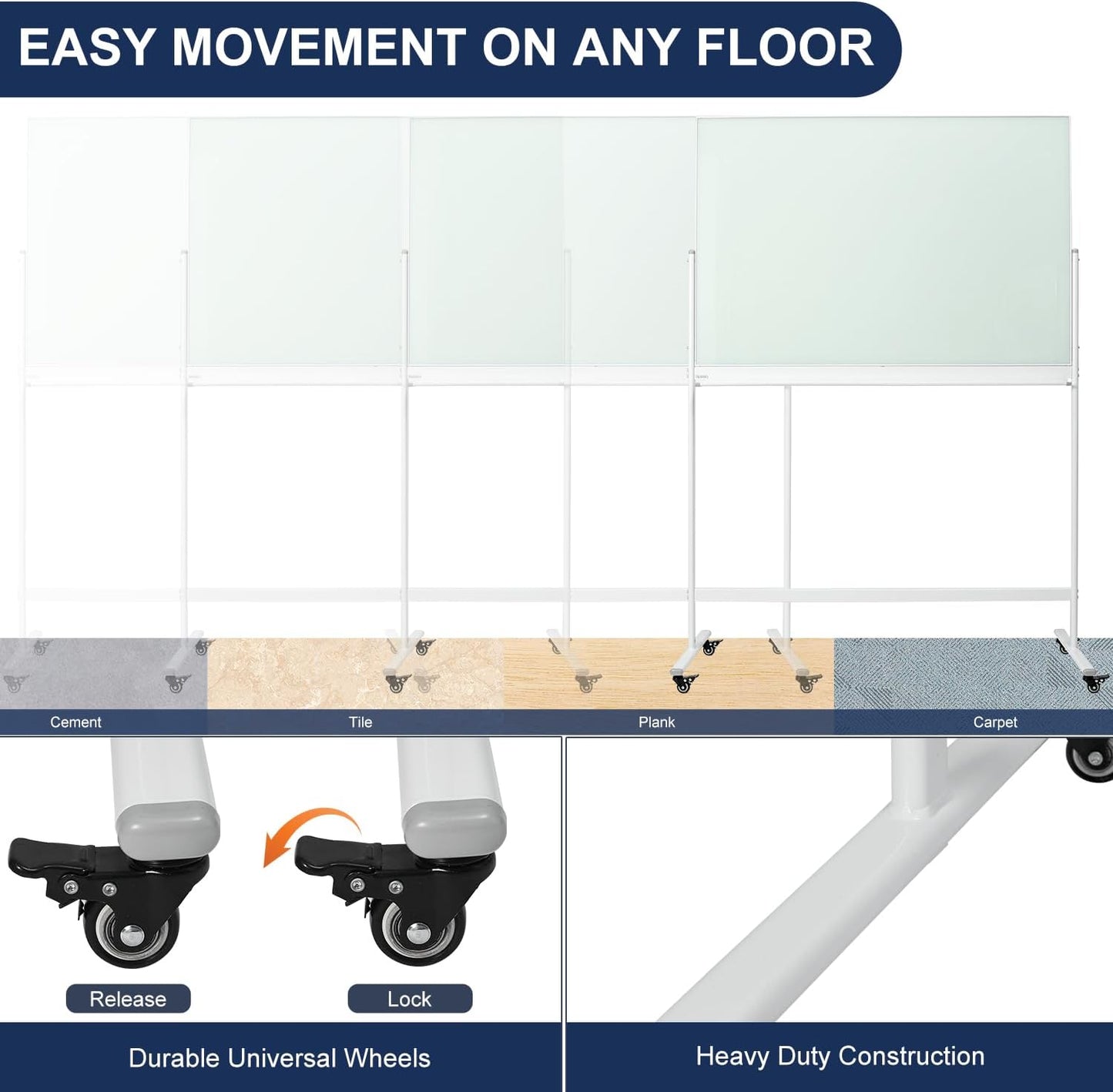 TSJ-OFFICE Rolling Glass Whiteboard on Wheels - 48" x 32" Magnetic Mobile Dry Erase Board with Stand, Large Rolling White Board with 25 Sheets Paper Pad, Transparent Tempered Glass Board Office, Home