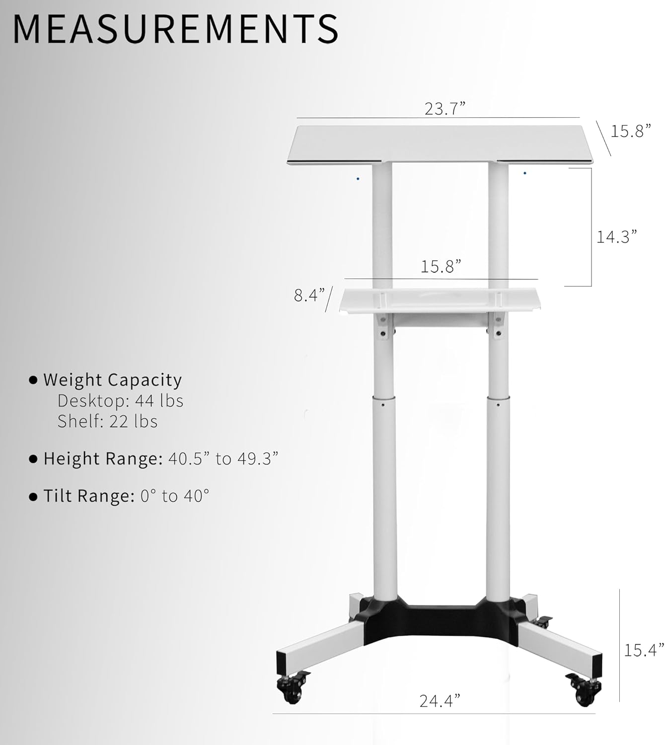 VIVO Mobile 24 x 16 inch Lectern Podium, Height Adjustable Steel Rolling Laptop Cart on Wheels, White, CART-V03W