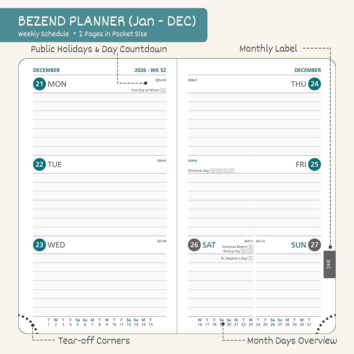 BEZEND Pocket Calendar 2026 Weekly and Monthly (3.5" x 6") Small Daily Planner for Purse (Jan-Dec) with Notes & Expenses, Inner Pocket, Pen Holder, Vegan Leather Hardcover - Black