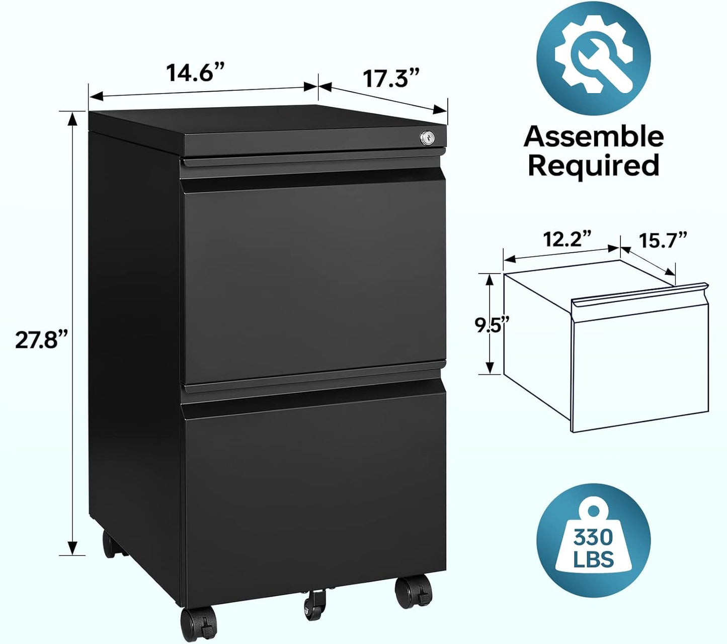 MIIIKO 2 Drawer File Cabinet on Wheels, Home Office Mobile Under Desk with Lock, Vertical Files Drawers for Legal/Letter/A4,Fully Assembled