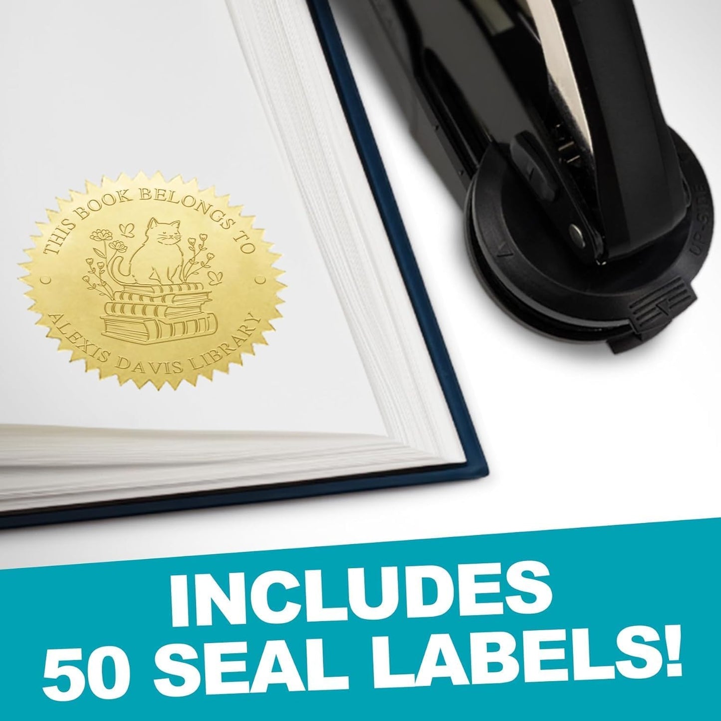 Custom Library Embosser - Style 103 - Embosser, Wood Stamp or Self Inking Stamp - Book Embosser Includes 50 Gold Seals - Custom Stamp Seal from The Library of