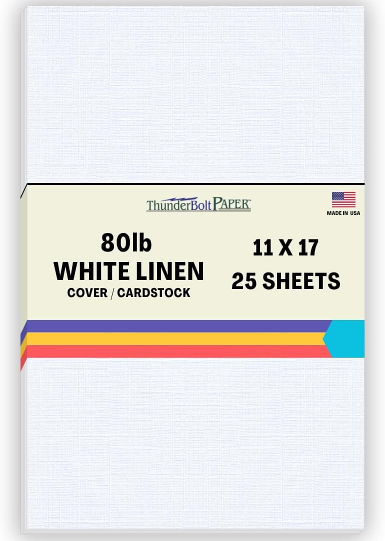 25 Bright White Linen 80# Cover Paper Sheets - 11X17 Inches Tabloid|Ledger|Booklet Size