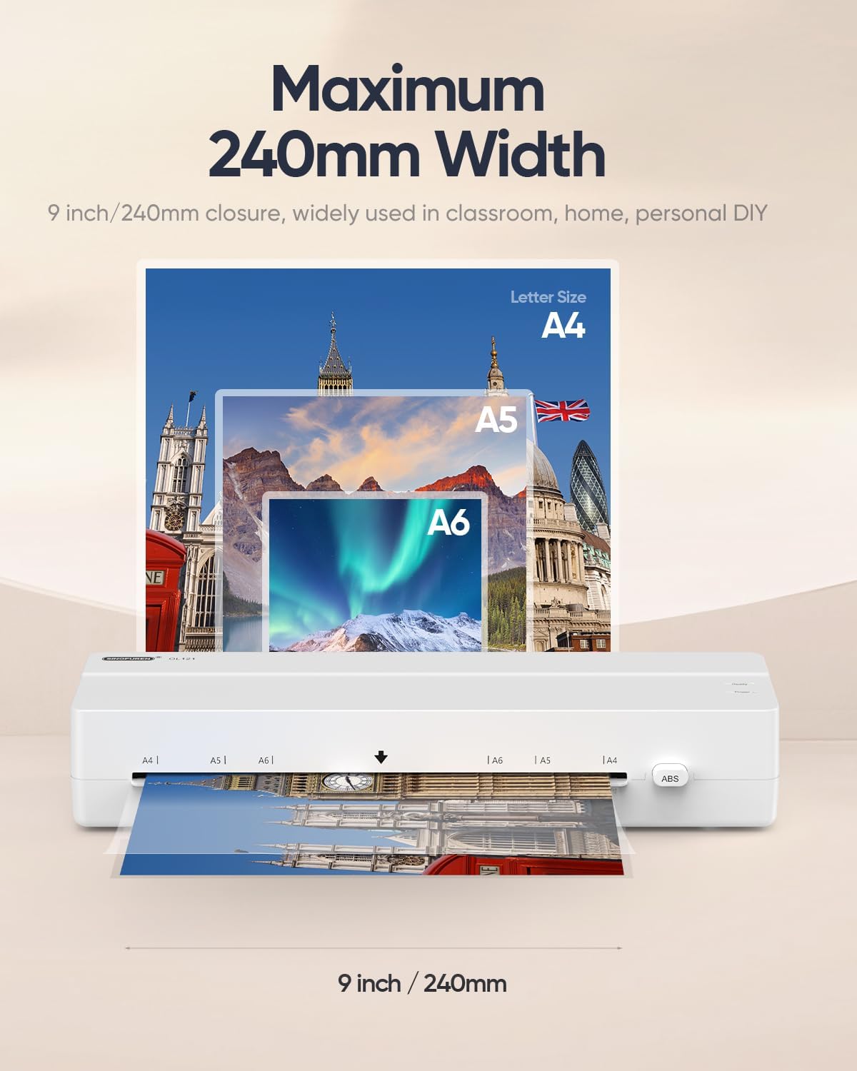 Laminator Machine, 9-Inch Thermal Laminator, Quick 4-Min Warm-Up, Jam-Free Technology, Portable Compact Design for Letter Size Sheets, Ideal for Home, Office & School Use